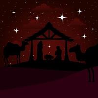 nativity mary joseph baby and camels on red background vector design