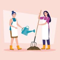 Gardening women with rake and watering can vector design