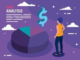 Análisis de datos gráfico de pastel icono de dólar y diseño de vector de mujer