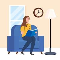 woman reading a book on chair at home vector design