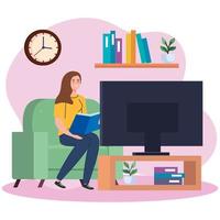 woman reading a book and watching tv at home vector design