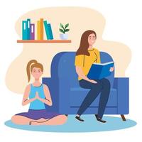 mujeres leyendo y haciendo yoga en casa diseño vectorial vector