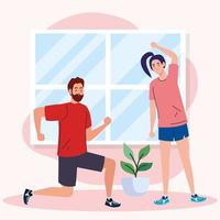 Mujer y hombre estirando y haciendo ejercicio en casa diseño vectorial vector