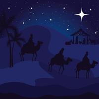 nativity mary joseph baby and wise men on blue background vector design