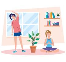 mujeres estirando y haciendo yoga en casa diseño vectorial vector