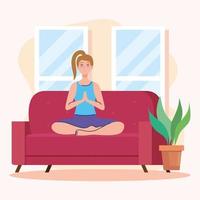 woman doing yoga on couch at home vector design