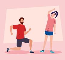 Mujer y hombre estirando y haciendo ejercicio en casa diseño vectorial vector