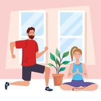 mujer y hombre, hacer, yoga, y, ejercicio, en casa, vector, diseño vector