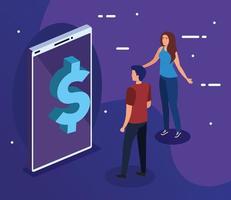 dollar icon on smartphone with woman and man vector design