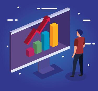 bars chart with increase arrow on computer and man vector design