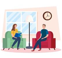 mujer y hombre leyendo un libro en casa diseño vectorial vector