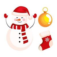 muñeco de nieve navideño con calcetín y decoración de bolas banner de celebración de año nuevo y feliz navidad vector