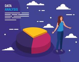 Data analysis cake chart and woman vector design