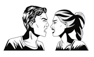 pareja joven monocromo personajes enojados estilo pop art vector