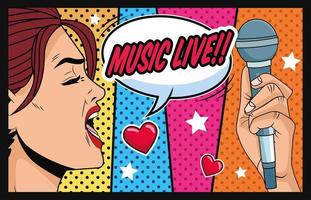 young woman with speech bubble love music and microphone pop art style vector