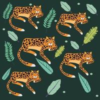 wild leopards with leafs pattern scene vector