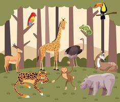 wild animals group in the forest scene vector