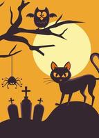 Tarjeta de feliz halloween con gato negro y búho en el cementerio vector