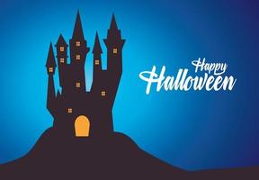 tarjeta de feliz halloween con castillo embrujado y letras vector