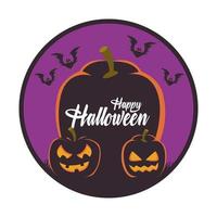 tarjeta de feliz halloween con calabazas y murciélagos volando escena vector