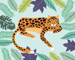 leopardo salvaje con escena de hojas tropicales vector