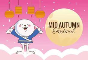mid autumn celebration card with little rabbit and lanterns vector