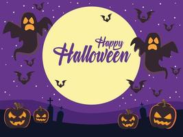 happy halloween card with ghosts and bats flying vector