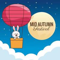 mid autumn celebration card with little rabbit in balloon air hot vector