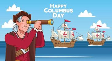 Columbus day celebration scene of christopher using telescope and caravels vector