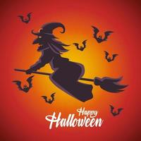 happy halloween card with witch flying in broom and bats vector