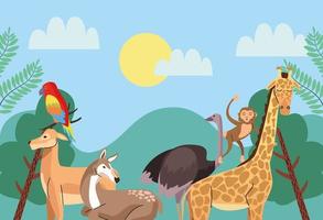 wild animals group in the landscape scene vector