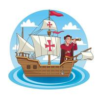 Columbus day celebration scene of christopher using telescope in caravel vector