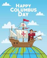 Columbus day celebration scene of christopher using telescope over planet vector