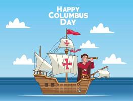 Columbus day celebration scene of christopher using telescope in caravel scene vector