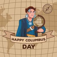 Columbus day celebration scene of christopher lifting world map ribbon frame vector