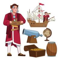 Columbus day celebration scene of christopher lifting paper map and set icons vector