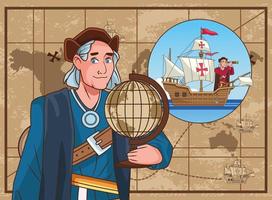 Columbus day celebration scene of christopher lifting world map vector