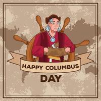 Columbus day celebration scene of christopher lifting paper map and ribbon frame vector