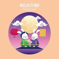 mid autumn card with rabbits couple and full moon scene vector
