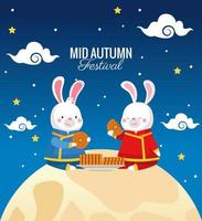 mid autumn card with rabbits couple in fullmoon scene vector