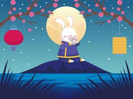 mid autumn celebration card with rabbit and fullmoon scene vector