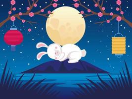 mid autumn celebration card with rabbit and fullmoon vector