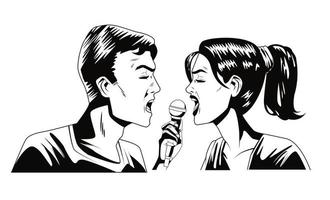 Pareja monocroma cantando con personajes de micrófono estilo pop art vector