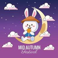 mid autumn celebration card with little rabbit in crescent moon vector