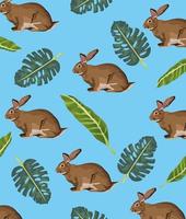 cute rabbits and leafs pattern background vector