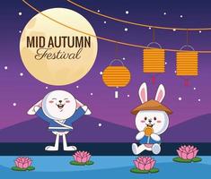 mid autumn celebration card with little rabbits couple at night vector