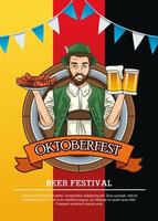 Tarjeta de celebración del Oktoberfest con hombre alemán levantando cervezas y salchichas vector