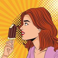 young woman eating ice cream pop art style vector