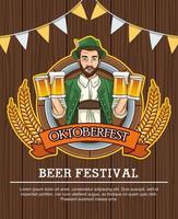 Feliz tarjeta de celebración de Oktoberfest con hombre alemán bebiendo cervezas en fondo de madera vector