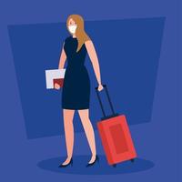 New normal of woman with mask passport and travel bag vector design